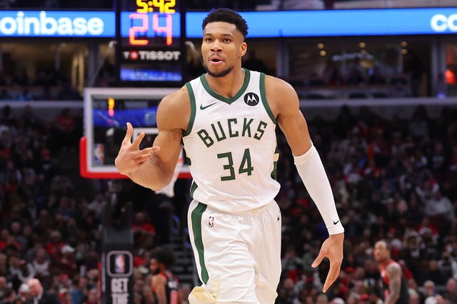 Giannis Antetokounmpo #34 of the Milwaukee Bucks celebrates a three pointer against the Chicago Bulls during the second half at the United Center on March 01, 2024 in Chicago, Illinois.