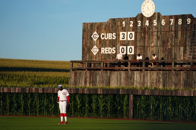 Cincinnati Reds right fielder Aristides Aquino (44) stands in right field during a baseball game against the Chicago Cubs, Thursday, Aug. 11, 2022, at the MLB Field of Dreams stadium in Dyersville, Iowa. Mlb Field Of Dreams Game Cincinnati Reds At Chicago Cubs Aug 11 5824