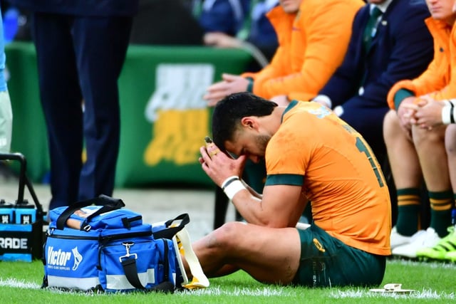 CAPE TOWN, SOUTH AFRICA - AUGUST 23: Tom Wright of Australia injured during the Castle Lager Rugby Championship match between South Africa and Australia at DHL Stadium on August 23, 2025 in Cape Town, South Africa. (Photo by Grant Pitcher/Gallo Images)