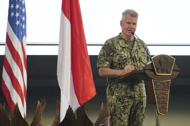 Commander of US Indo-Pacific Command Adm. Samuel Paparo delivers a speech during the opening ceremony of Super Garuda Shield 2025, an Indonesia-US annual large-scale joint military exercise that brings together forces from multiple countries, in Jakarta, Indonesia Monday, Aug. 25, 2025. (AP Photo/Tatan Syuflana)