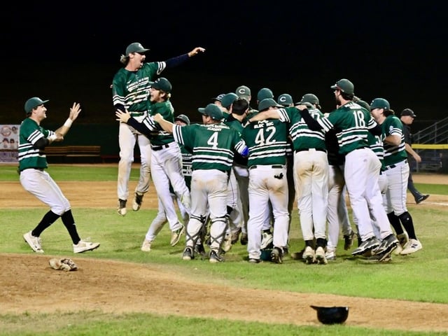 Bolstered by five members of the New Brunswick Senior Baseball League and representing New Brunswick, the Charlottetown Islanders celebrate an 8-1 victory over two-time champion Quebec in the gold-medal game of Baseball Canada men's championship at Currie Field in Regina on Aug. 24/25.