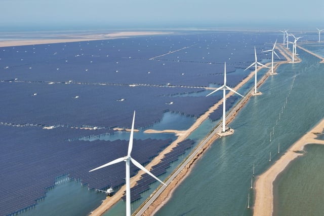 Des panneaux solaires et des éoliennes à Binzhou, dans la province orientale du Shandong, le 11 juin 2025 en Chine
