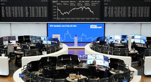 The German share price index DAX graph is pictured at the stock exchange in Frankfurt, Germany, August 5, 2025.   REUTERS/staff/ File Photo