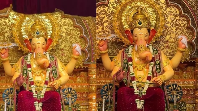 Lord Ganesha shines at Lalbaugcha pandal with majestic grace.