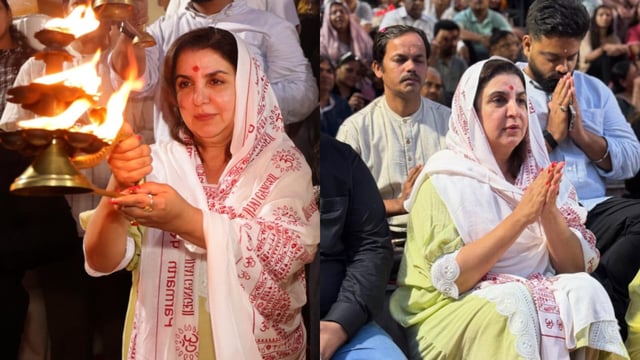 Farah Khan attends Ganga arti in Rishikesh with her cook Dilip.