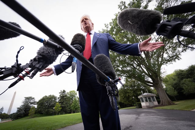 President Donald Trump speaks to the media as he departs the White House on August 01, 2025 in Washington, DC.