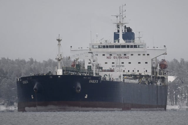Cook Islands registered oil tanker Eagle S is seen anchored near the Kilpilahti port in Porvoo, on the Gulf of Finland, January 13, 2025.  Lehtikuva/Vesa Moilanen/via REUTERS      ATTENTION EDITORS - THIS IMAGE WAS PROVIDED BY A THIRD PARTY. NO THIRD PARTY SALES. NOT FOR USE BY REUTERS THIRD PARTY DISTRIBUTORS. FINLAND OUT. NO COMMERCIAL OR EDITORIAL SALES IN FINLAND.