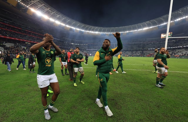 Rugby Union - Rugby Championship - South Africa v Australia - DHL Stadium, Cape Town, South Africa - August 23, 2025  South Africa's Siya Kolisi celebrates with teammates after the match REUTERS/Esa Alexander