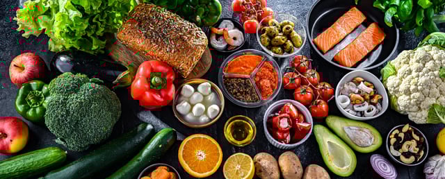 Food products representing the Mediterranean diet.