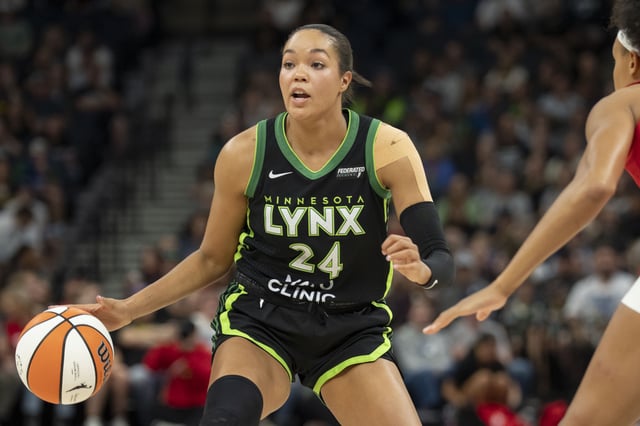 Aug 24, 2025; Minneapolis, Minnesota, USA; Minnesota Lynx forward Napheesa Collier (24) dribbles the ball against the Indiana Fever in the first half at Target Center. Mandatory Credit: Jesse Johnson-Imagn Images/File Photo