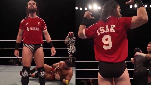 WWE wrestler JD McDonagh taunts Newcastle fans by unveiling a Liverpool jersey with 'Isak 9' on it. | Image: Screengrab X/@jd_mcdonagh