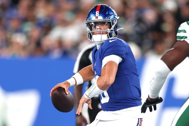 Jaxson Dart #6 of the New York Giants in action during the first half of a NFL Preseason 2025 game between New York Jets and New York Giants at MetLife Stadium on August 16, 2025 in East Rutherford, New Jersey.