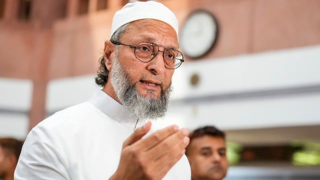 AIMIM chief Asaduddin Owaisi talks to the media as he leaves after attending an all-party meeting over Operation Sindoor, in Delhi.