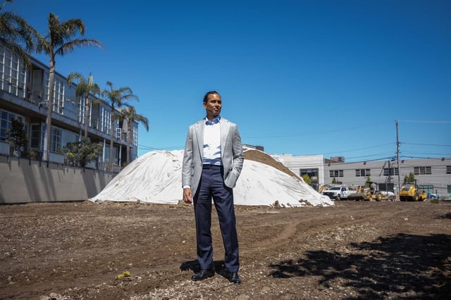 Mark MacDonald, developer at DM Development, stands at 300 DeHaro St. in San Francisco. The site, which is currently under construction, will eventually hold 425 affordable housing units.