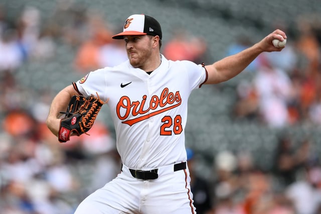 Baltimore Orioles starting pitcher Trevor Rogers throws during the second inning of a baseball game against the Houston Astros, Sunday, Aug. 24, 2025, in Baltimore. (AP Photo/Nick Wass)