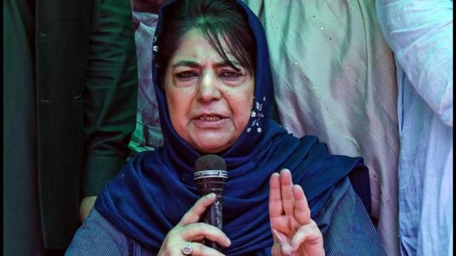 Peoples Democratic Party (PDP) president Mehbooba Mufti addressing a press conference in Srinagar on Monday. (ANI Photo)