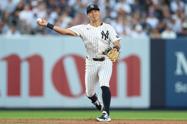 NEW YORK, NEW YORK - AUGUST 08: Anthony Volpe #11 of the New York Yankees in action during the game against the Houston Astros at Yankee Stadium on August 08, 2025 in the Bronx borough of New York City. (Photo by Ishika Samant/Getty Images)