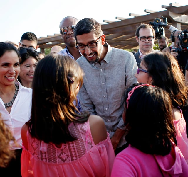 Google CEO Sundar Pichai meets with Aditi Panwar, 10, of San Jose, left, Asmi Sawant,10, center, of San Jose, and Aadya Batra,9, right , of San Jose, during “Technovation World Pitch, a program run by STEM nonprofit Iridescent, in partnership this year with Google’s Made with Code,” in Mountain View, Calif., on Thursday, August 10, 2017. (JosieLepe/Bay Area News Group)