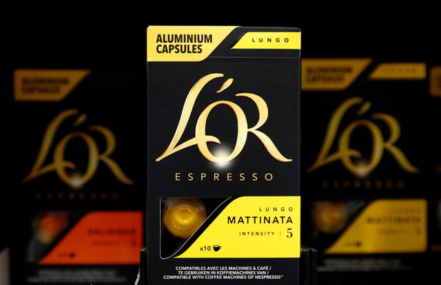 L'or coffee packets are seen at a Carrefour supermarket in Brussels, Belgium, May 22, 2020. REUTERS/Francois Lenoir/File Photo