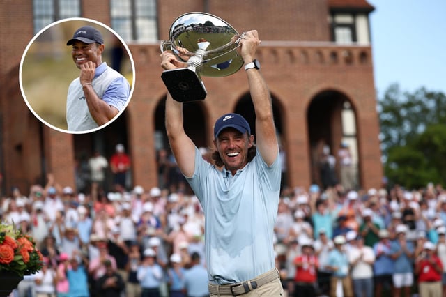 ATLANTA, GEORGIA - AUGUST 24: Tommy Fleetwood of England celebrates with the Fedex Cup trophy after winning the final round of the TOUR Championship 2025 at East Lake Golf Club on August 24, 2025 in Atlanta, Georgia. (Photo by Jared C. Tilton/Getty Images)