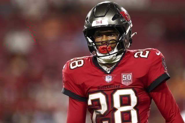 Shilo Sanders #28 of the Tampa Bay Buccaneers reacts after a play during an NFL preseason football game against the Tennessee Titans at Raymond James Stadium on August 9, 2025 in Tampa, Florida.