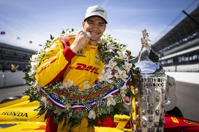 Alex Palou, driver of the #10 DHL Chip Ganassi Racing Honda, poses for a photo during the winner's photo shoot for the NTT IndyCar Series 109th Running Of The Indianapolis 500 at Indianapolis Motor Speedway on May 26, 2025 in Indianapolis, Indiana.