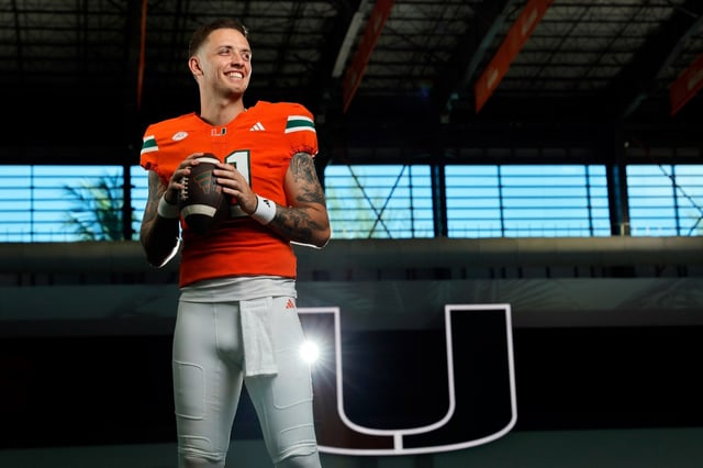 University of Miami quarterback Carson Beck poses for a portrait at the team’s practice facility in Coral Gables on Tuesday, Aug. 12, 2025. (Amy Beth Bennett / South Florida Sun Sentinel)