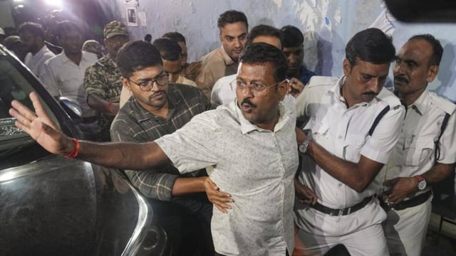 Trinamool Congress MLA Jiban Krishna Saha at Bankshall Court after being arrested by ED in alleged irregularities in the hiring of teachers and staffers in schools, in Kolkata, on Monday. (PTI)