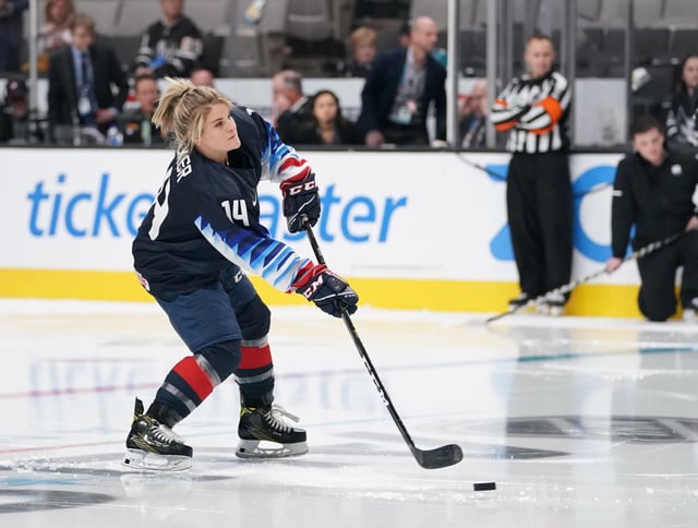 Jan 25, 2019; San Jose, CA, USA; USA women's ice hockey player Brianna Decker in the premier passer competition in the 2019 NHL All Star Game skills competition at SAP Center. Mandatory Credit: Kyle Terada-USA TODAY Sports/File Photo
