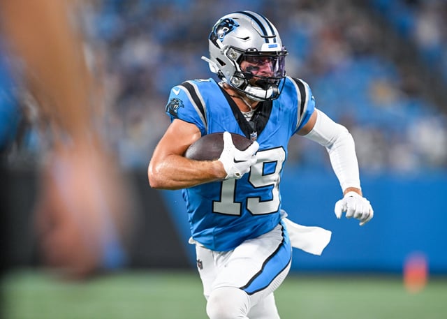 Adam Thielen #19 of the Carolina Panthers makes a catch against the Detroit Lions during the first half of a preseason game at Bank of America Stadium on August 25, 2023 in Charlotte, North Carolina.