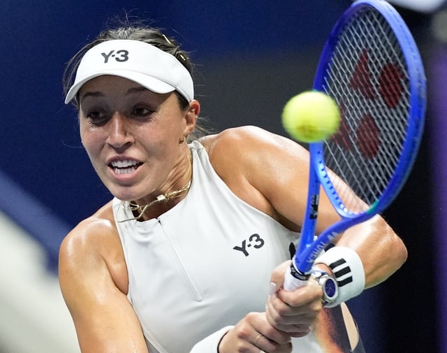 Aug 24, 2025; Flushing, NY, USA;  Jessica Pegula (USA) hits to Mayar Sherif (EGY) on day one of the 2025 U.S. Open tennis tournament at the USTA Billie Jean King National Tennis Center. Mandatory Credit: Robert Deutsch-Imagn Images