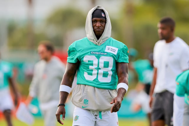 Jul 28, 2025; Miami Gardens, MI, USA; Miami Dolphins cornerback Mike Hilton (38) looks on from the field during training camp at Baptist Health Training Complex. Mandatory Credit: Sam Navarro-Imagn Images/File Photo