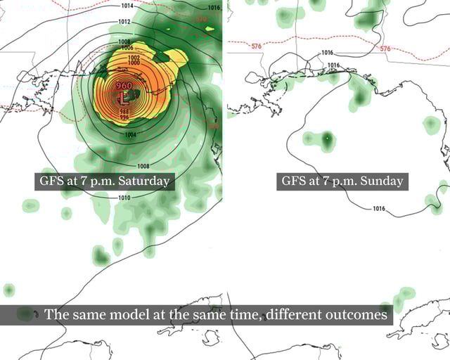 This image shows two different model runs of the American GFS. The first run of the GFS, at left captured at 7 p.m. Saturday, shows a powerful hurricane approaching the Florida Panhandle in early September. The same model, but run just 24 hours later, at right, shows the same period in early September with barely any storm activity at all. 
