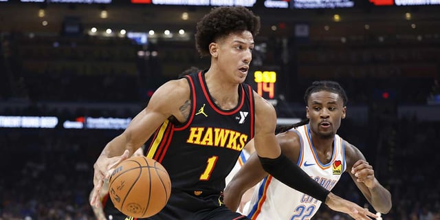 Oct 27, 2024; Oklahoma City, Oklahoma, USA; Atlanta Hawks forward Zaccharie Risacher (10) shoots over Oklahoma City Thunder forward Chet Holmgren (7) during the second quarter at Paycom Center. Mandatory Credit: Alonzo Adams-Imagn Images
