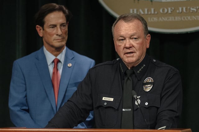 Los Angeles Police Chief Jim McDonnell speaks at he Hall of Justice on June 11, 2025.