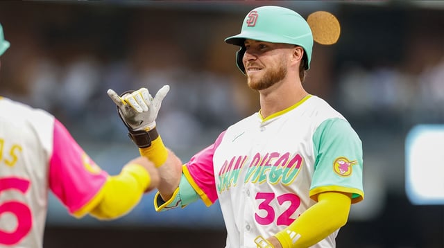Aug 22, 2025; San Diego, California, USA; San Diego Padres designated hitter Ryan O'Hearn (32) celebrates with the dugout after hitting a single during the second inning against the Los Angeles Dodgers at Petco Park. Mandatory Credit: David Frerker-Imagn Images