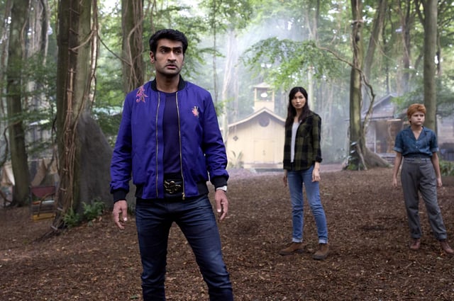 (L-R): Kingo (Kumail Nanjiani), Sersi (Gemma Chan) and Sprite (Lia McHugh) in Marvel Studios' ETERNALS. Photo by Sophie Mutevelian. ©Marvel Studios 2021. All Rights Reserved.