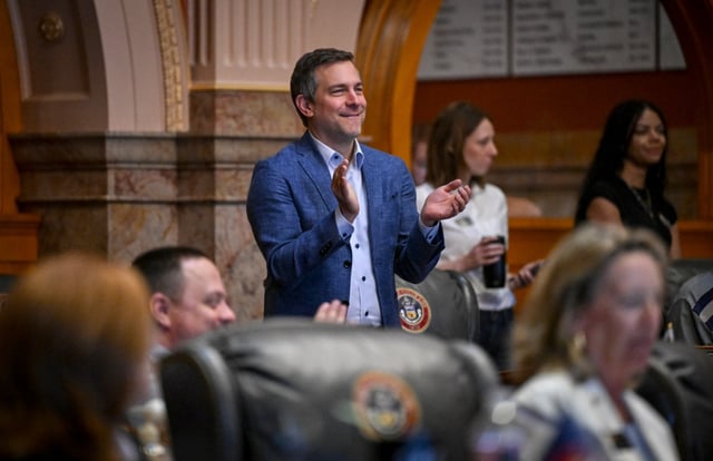 Colorado Sen. Jeff Bridges claps during a special session at the Colorado State Capitol in Denver on Thursday, Aug. 21, 2025. (Photo by AAron Ontiveroz/The Denver Post)