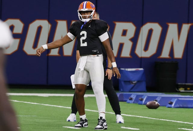 University of Florida quarterback DJ Lagway is pictured during practice on campus in Gainesville on Thursday, Aug. 14, 2025. (Stephen M. Dowell/Orlando Sentinel)