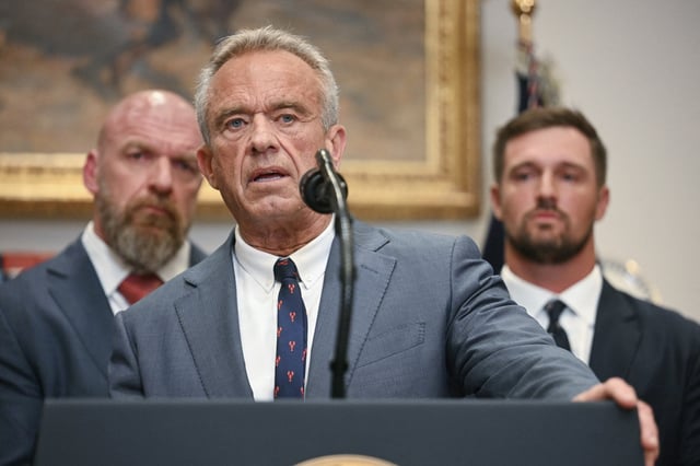 US Secretary of Health and Human Services Robert F. Kennedy Jr. speaks before the signing an executive order restarting the Presidential Fitness Test in public schools in the Roosevelt Room of the White House in Washington, DC, on July 31, 2025.