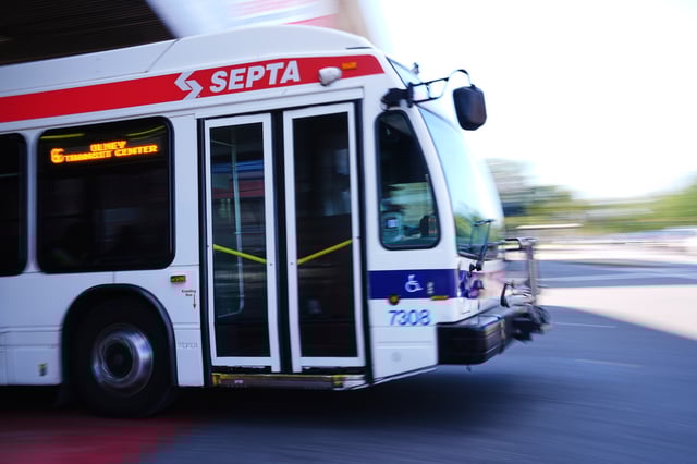 A Southeastern Pennsylvania Transportation Authority (SEPTA) bus pulls out of a transit center in Philadelphia, Monday, Aug. 25, 2025. (AP Photo/Matt Rourke)