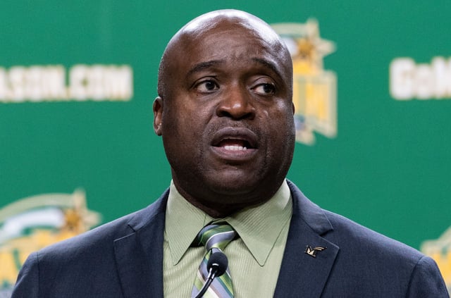 FILE - George Mason University president Gregory Washington speaks during a news conference, March 25, 2021, at EagleBank Arena in Fairfax, Va. (AP Photo/Alex Brandon, file)