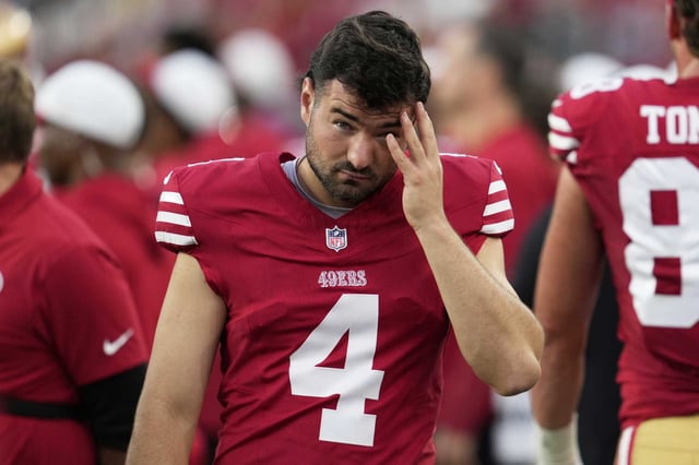 San Francisco 49ers place kicker Jake Moody (4) walks on the sideline during the second half of an NFL preseason football game against the Los Angeles Chargers in Santa Clara, Calif., Saturday, Aug. 23, 2025.