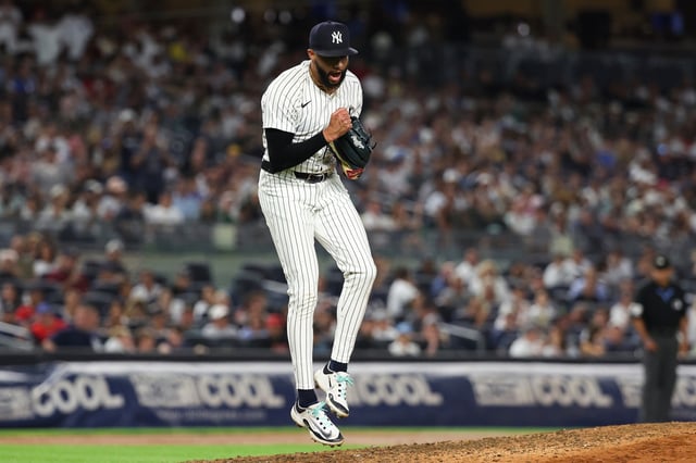 NEW YORK, NY - AUGUST 22: Devin Williams #38 of the New York Yankees reacts during the game against the Boston Red Sox at Yankee Stadium on August 22, 2025 in New York, New York.