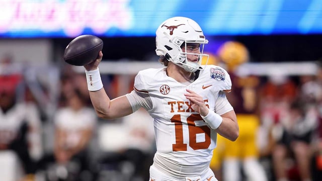 Jan 1, 2025; Atlanta, GA, USA; Texas Longhorns quarterback Arch Manning (16) warms up before the Peach Bowl at Mercedes-Benz Stadium. Mandatory Credit: Brett Davis-Imagn Images