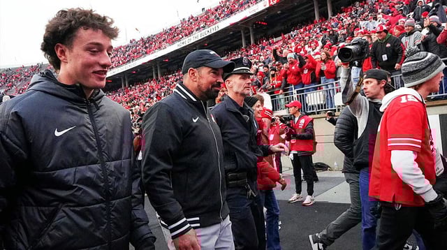 Ohio State Buckeyes head coach Ryan Day leaves the field following the 38-15 win over the Indiana Hoosier following the NCAA football game at Ohio Stadium in Columbus on Saturday, Nov. 23, 2024.