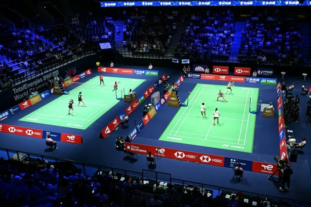 Vue générale de l'Arena la Chapelle, site des Mondiaux de badminton, le 25 août 2025 à Paris