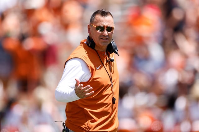 Head coach Steve Sarkisian of the Texas Longhorns reacts during the Texas Football Orange-White Spring Football Game at Darrell K Royal-Texas Memorial Stadium on April 15, 2023 in Austin, Texas.