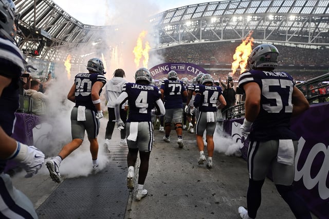 Iowa State take to the field before the Aer Lingus Classic College Football game between Kansas State Wildcats and Iowa State Cyclones at Aviva Stadium on August 23, 2025 in Dublin, Ireland. 
