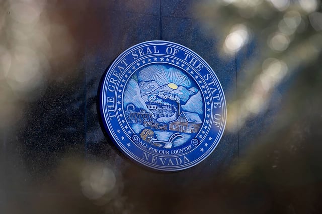 The Great Seal of the State of Nevada adorns the Nevada Legislature building during the 82nd Session of the Legislature on Wednesday, February 8, 2023, in Carson City.